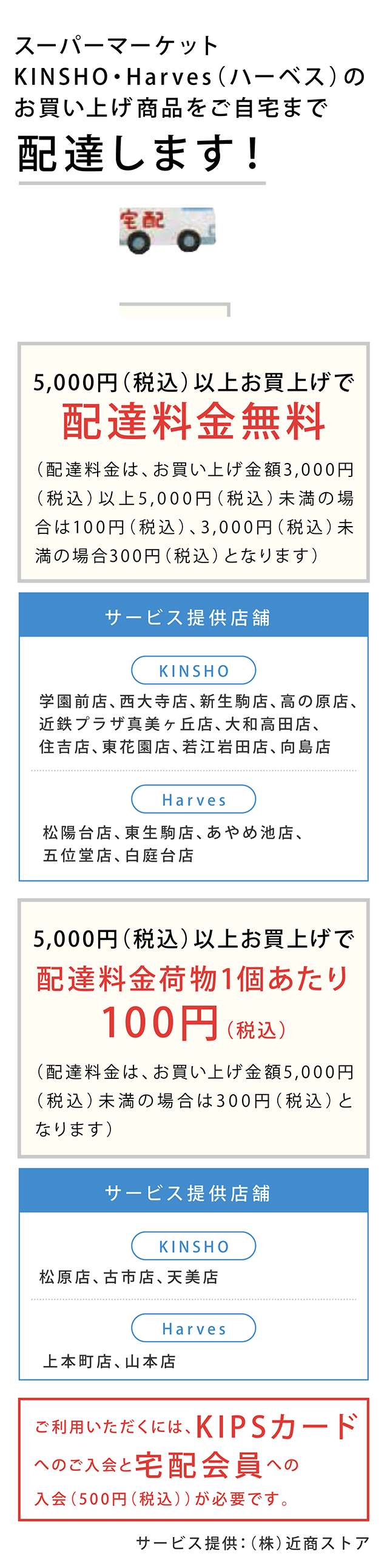 スーパーマーケット KINSHO・Harves（ハーベス）のお買い上げ商品をご自宅まで配達します！